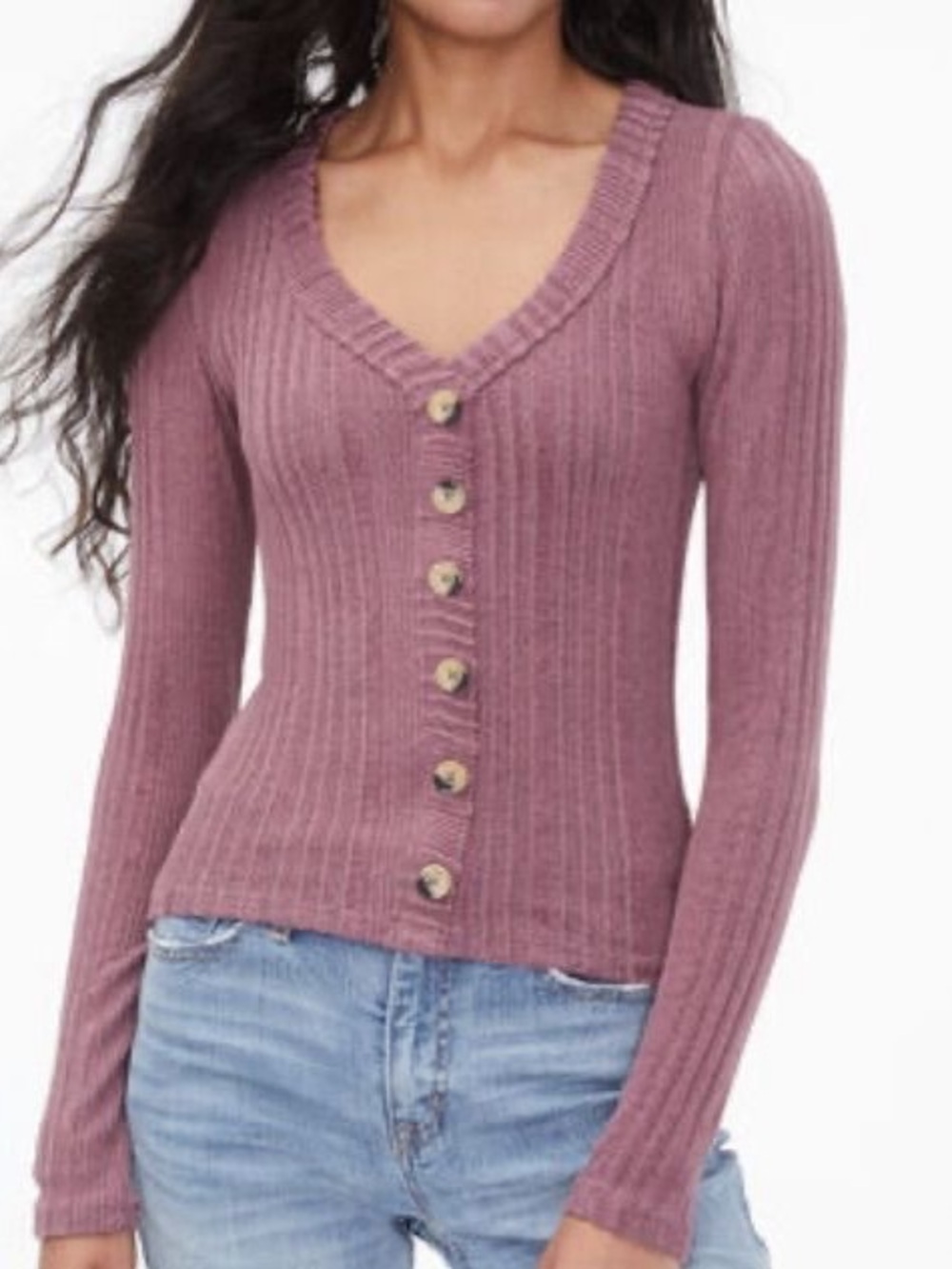 Aeropostale Mauve Ribbed Button-Front V-Neck Top